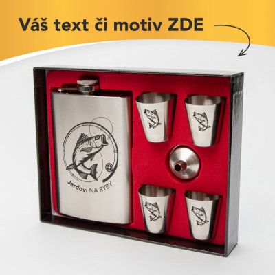 placatka Dárková sada Nerezová + 4 panáky s vlastním textem nebo logem Obě strany – Zboží Mobilmania