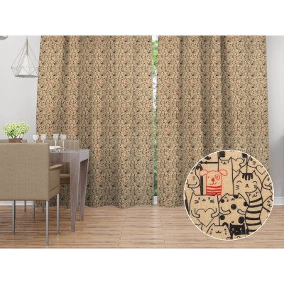 Biante Dekorační závěs PML-093 Pes mezi kočkami na hnědobéžovém 145x180 cm – Sleviste.cz