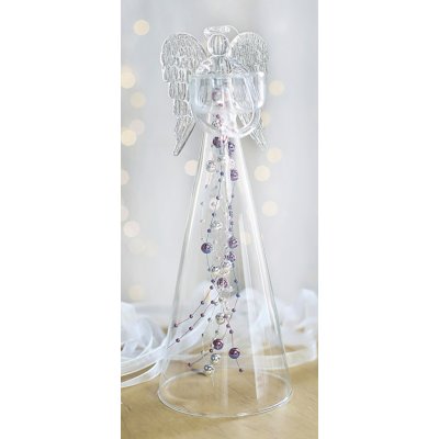 Anděl čirý s fialovými skleněnými perlami na čajovou svíčku výška 25cm