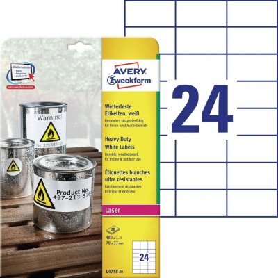 Avery Zweckform Etikety pro laser 20 listů A4 bílé 70 x 37 mm odolné vůči počasí L4718-20 – Hledejceny.cz