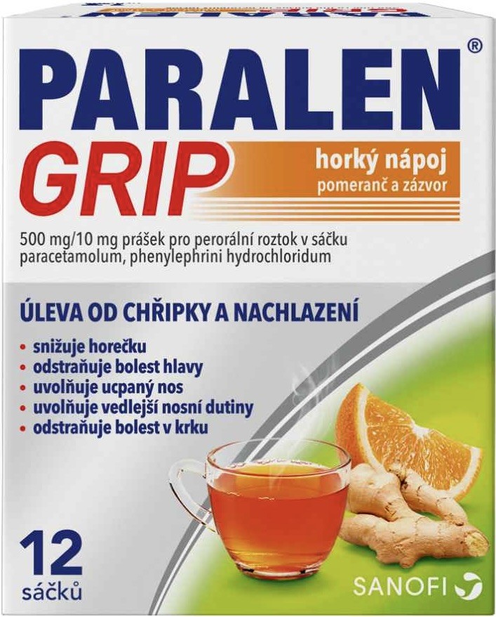 PARALEN GRIP HORKÝ NÁPOJ POMERANČ A ZÁZVOR POR 500MG/10MG POR PLV SOL SCC 12