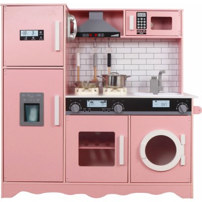 Derrson dřevěná kuchyňka XXL interaktivní růžová s pračkou a ledničkou – Zboží Dáma