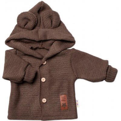 Baby Nellys dětský elegantní pletený svetřík s knoflíčky a kapucí s oušky hnědý – Sleviste.cz