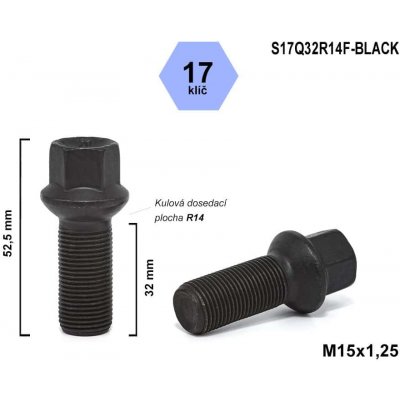 Kolový šroub M15x1,25x32 kulový R14, klíč 17, S17Q32R14F-BLACK, černý, výška 52,5 mm – Zbozi.Blesk.cz