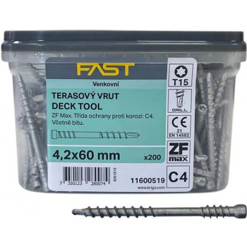 Vruty terasové FAST Decking Screw 4,2x60 Nerez C4, TX15, vč. prodlouženého bitu (200 ks)