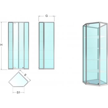 Expoint rohová vitrína se základnou ve tvaru pětiúhelníku záda sklo 70 x 70 x 180 x 55 cm
