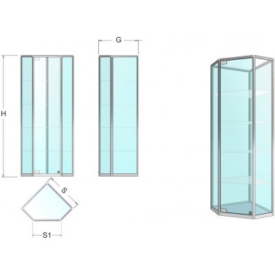 Expoint rohová vitrína se základnou ve tvaru pětiúhelníku záda sklo 70 x 70 x 180 x 55 cm – Zboží Mobilmania