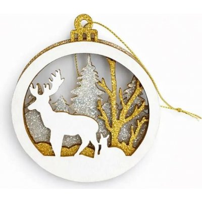 DECOLED Dřevěná vánoční ozdoba jelen a les 8,5 cm, k zavěšení, bílá zlatá stříbrná – Hledejceny.cz