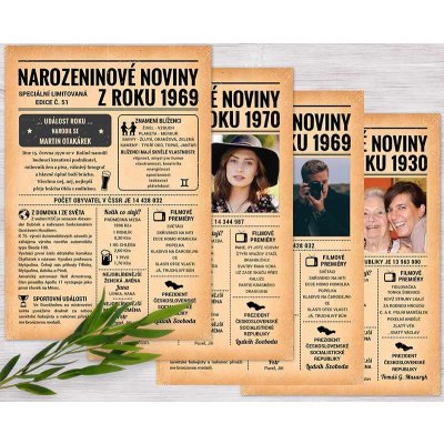 Narozeninové retro noviny - jednostranné - ročník na přání – Sleviste.cz