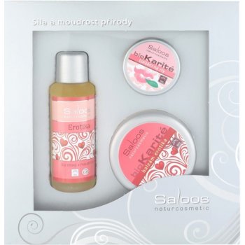 Saloos Erotika masážní olej 50 ml + Bio Karité Erotika balzám 50 ml + Bio Karité balzám na rty 19 ml dárková sada