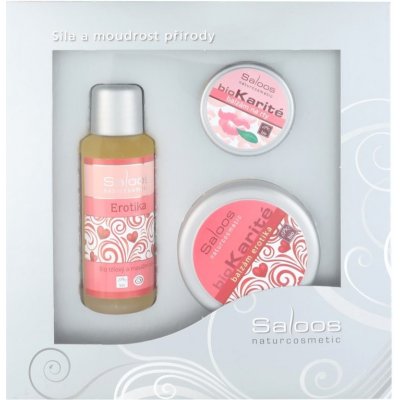 Saloos Erotika masážní olej 50 ml + Bio Karité Erotika balzám 50 ml + Bio Karité balzám na rty 19 ml dárková sada – Sleviste.cz