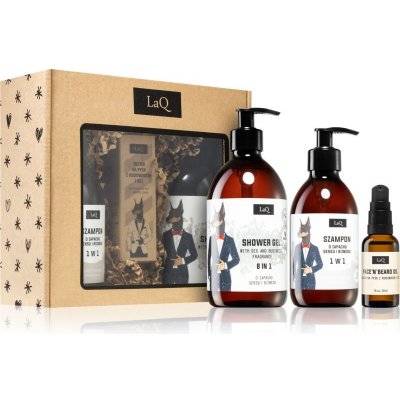 LaQ Doberman osvěžující sprchový gel 8 v 1 500 ml + čisticí šampon 300 ml + pečující olej na obličej a vousy 30 ml dárková sada