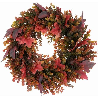 Podzimní věnec umělý Eucalyptus a javorové listy, pr. 50 cm, červeno-zelená – Zboží Dáma