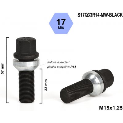 Kolový šroub M15x1,25x33 kulový R14, pohyblivá plocha, klíč 17, S17Q33R14-MW-BLACK, černý, výška 57 mm