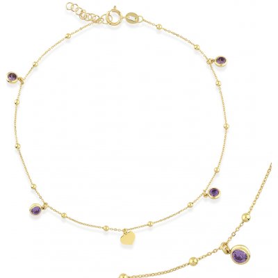 Lillian Vassago Zlatý řetízek na nohu s ametystem, kuličkami a srdcem LLV22-GBL014YA – Zboží Dáma