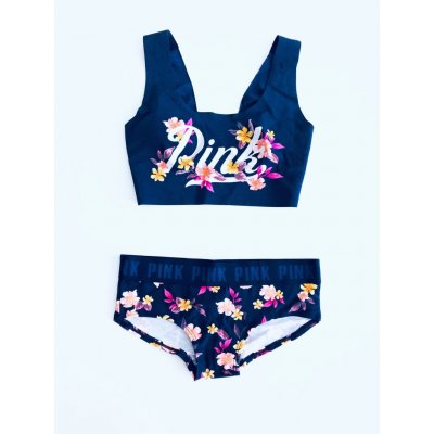 Victoria's Secret PINK Flower Blue lehká Bralette a kalhotky Hipster set 2 ks Tmavě modrá – Zbozi.Blesk.cz