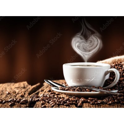 WEBLUX 286399259 Samolepka fólie White Cup Of Hot Coffee With Heart Shaped Steam On Old Weathered Table With Burlap Sack And Beans rozměry 270 x 200 cm – Zboží Mobilmania