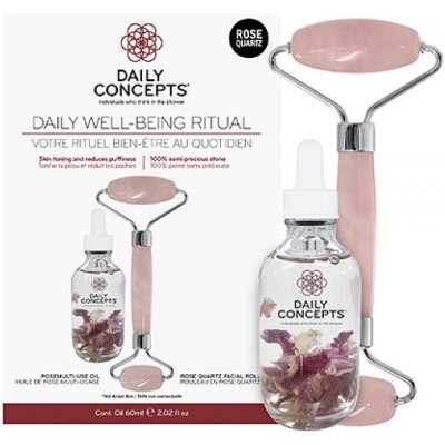 Daily Concepts Daily Well-Being Ritual Daily Rose Quartz Facial Roller + Rose Multi-Use Oil 60 ml dárková sada – Zboží Mobilmania