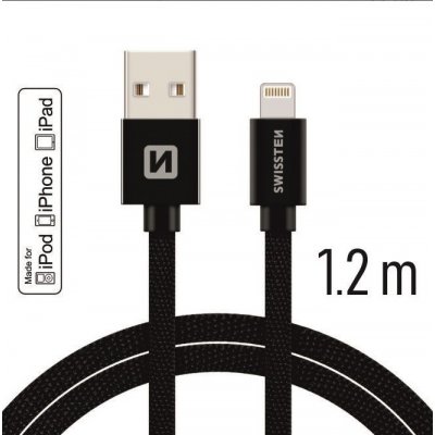 MFI licencovaný datový lightning kabel Swissten textile černý 1.2m / 2.0m Délka: 1,2m – Zboží Živě