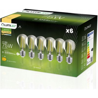 LUMILED 6x LED žárovka E27 A60 8W = 75W 1055lm 3000K Teplá bílá 360° Filament – Zboží Mobilmania