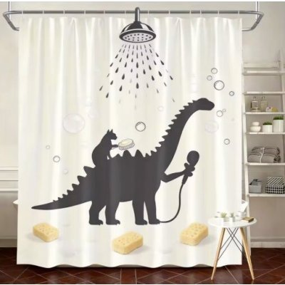 Sprchový závěs se zavěšením grommet top + háčky - Béžový s kočkou a dinosaurem, 240 x 180 cm – Hledejceny.cz