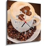 Obraz s hodinami 1D - 50 x 50 cm - Latte on wooden table on brown background Latte na dřevěném stole na hnědém pozadí – Zboží Mobilmania