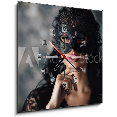 Obraz s hodinami 1D - 50 x 50 cm - portrait of sexy beautiful woman in lace black erotic lingerie and carnival mask on dark background portrét sexy krásná žena v krajkov – Hledejceny.cz