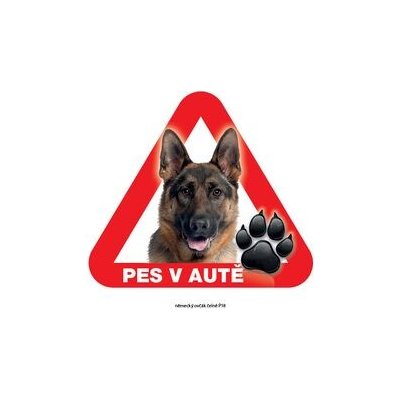 Grel nálepka na plech pozor pes v autě německý ovčák čelně