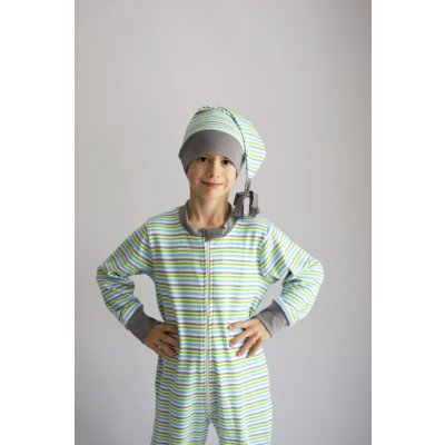 Čepice na spaní bílo šedomodré proužky šedé lemy – Zboží Dáma