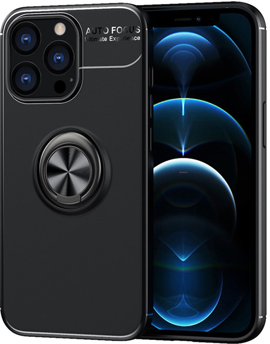 Pouzdro AppleMix Apple iPhone 13 Pro - prsten / stojánek - gumové - černé