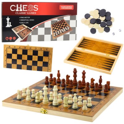 mamido Dřevěná logická hra 3v1 Šachy Dáma Backgammon – Zboží Dáma