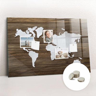 tulup Magnetická Tabule na Zeď Skleněná - Memo Board Kleněnou Přední Stranou - 5 magnetů v balení - 90 x 60 cm - Mapa světa na deskách