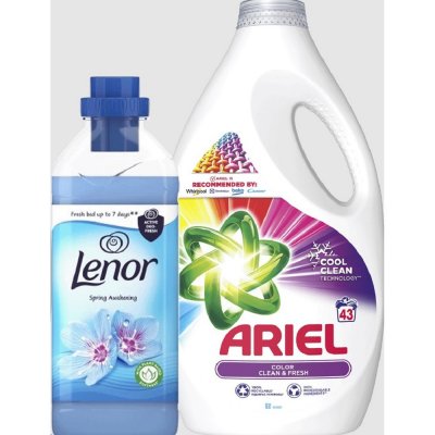 Gel na praní Ariel 2,15 l 43 PD na barevné + Aviváž Lenor 850 ml Spring modrá – Zbozi.Blesk.cz