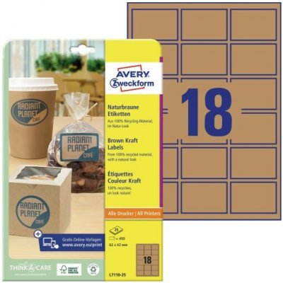 AVERY L7110-25 Přírodní hnědé na zboží 62x42 mm 25 listů A4 přírodní hnědé – Zboží Dáma