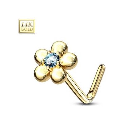 Šperky4U zlatý piercing do nosu kytička tyrkysový zirkon ZL01195Q-YG