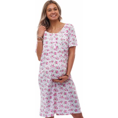 Těhotenská a kojicí noční košilka s růžovým květinovým vzorem a knoflíčky 1C4035 bílá – Sleviste.cz
