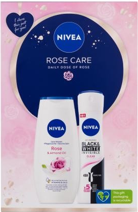 Nivea Rose Care dárková kazeta sprchový gel Rose & Almond Oil 250 ml + antiperspirant Black & White Invisible Clear 150 ml