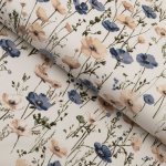 Bavlněná látka/plátno Sandra SA-630 Modro-hnědé vlčí máky na světle vanilkovém - šířka 160 cm – Zboží Dáma