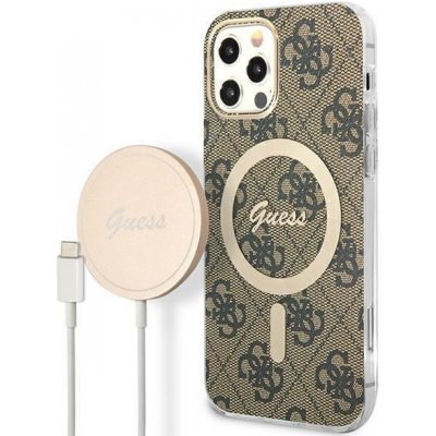 Pouzdro Guess 4G Print MagSafe set + nabíječka iPhone 12 / 12 Pro - hnědé