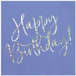 PartyDeco ubrousky Happy Birthday holografické modré 33x33cm 20ks