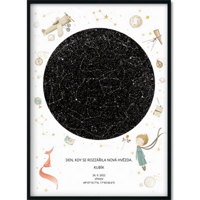 Hvězdná mapa Vašeho životního okamžiku Rozměr plakátu: 50 x 70 cm, Barva pozadí: Kosmonaut, Volba rámu: Černý dřevěný rám – Zboží Mobilmania