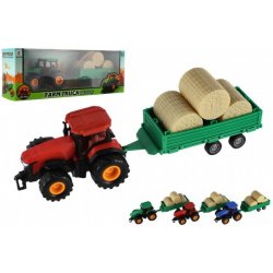 Teddies Traktor s vlekem s balíkama plast 30cm na setrvačník 3 barvy v krabici 33x12x9cm