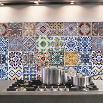 Crearreda samolepicí dekorace do kuchyně hliníková za sporák Bellacasa barevné kachličky 67202 Azulejos (47 x 65 cm)