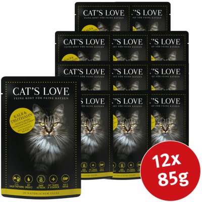 Cat's Love s telecím a krůtím masem šantou kočičí a lněným olejem 12 x 85 g