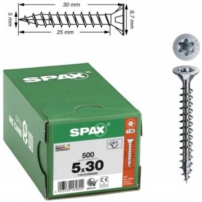 SPAX vrut zápustná hlava 5.0 x 30 plný závit TX20, Wirox-stříbrný, certifikovaný (500 ks) – Hledejceny.cz