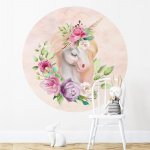 Gario Dětská nálepka na zeď Unicorns and flowersjednorožec a zelené listy se čtyřmi růžemi Rozměry: 70 x 70 cm – Zbozi.Blesk.cz