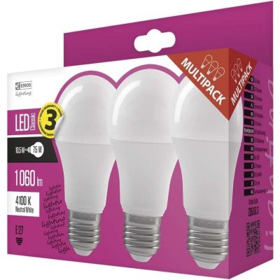 Emos LED žárovka Classic A60, 10,5W/75W E27, NW neutrální bílá, 1060 lm, Classic A+, 3 PACK – Zbozi.Blesk.cz