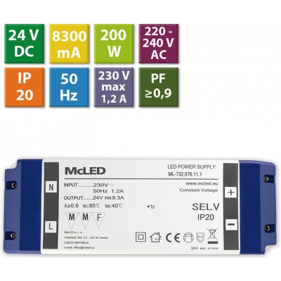 zdroj napájecí pro LED pásky 200W, DC24V/8,3A, IP20 ML-732.076.11.1 plast. se svorkovnicí – Zboží Mobilmania