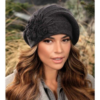 Krumlovanka dámská čepice baretového střihu s květem W-0842/693 antracitová – Zboží Mobilmania