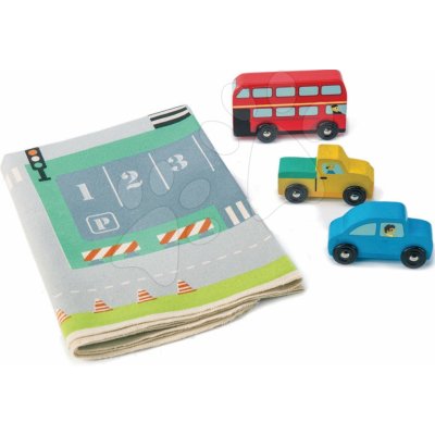 Tender Leaf Toys dřevěná městská auta Town Playmat na plátěné mapě a s doplňky